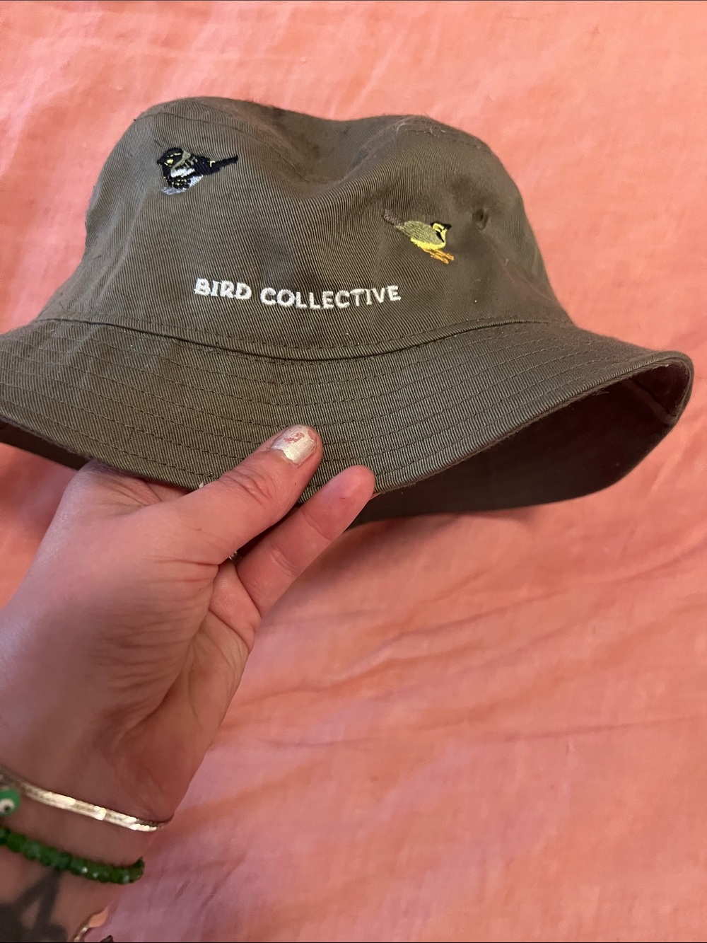 Bird Collective Olive Green Embroidered Bucket Hat